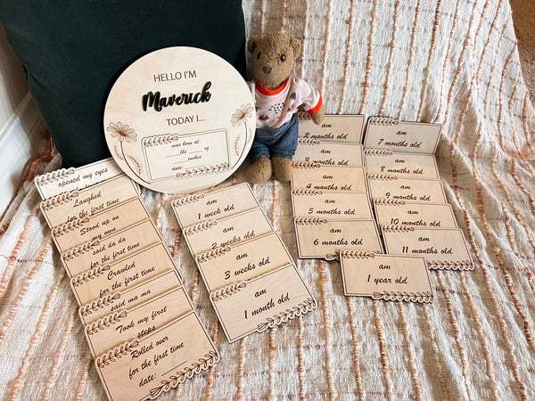 Custom Name Baby Milestones Wood Sign with interchangeable Plaques