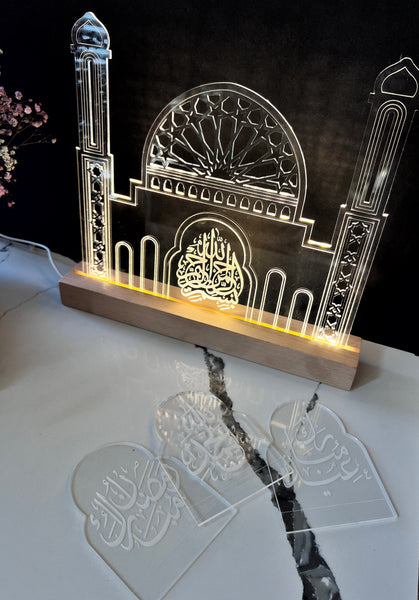 Light up mosque with interchangeable doors Ramadan kareem, Eid Mubarak, Alhamdulillah and Bismillah